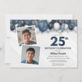 Blauw Zilver Zwart & Wit 25e Verjaardag 2 Foto Kaart (Voorkant)