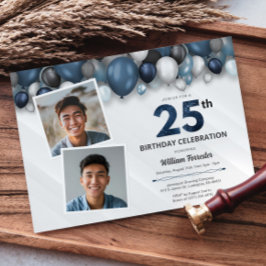 Blauw Zilver Zwart & Wit 25e Verjaardag 2 Foto Kaart