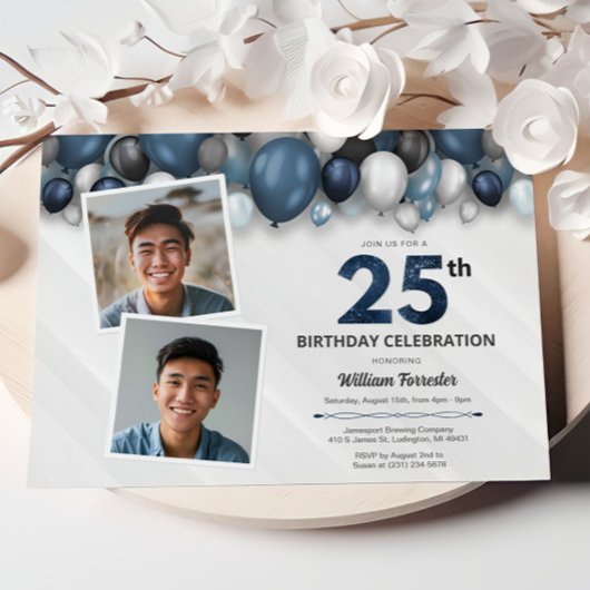 Blauw Zilver Zwart & Wit 25e Verjaardag 2 Foto Kaart