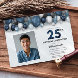 Blauw Zilver Zwart & Wit 25e Verjaardag Foto Kaart