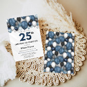 Blauw Zilver Zwart & Wit 25e Verjaardag Uitnodigin Kaart