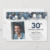 Blauw Zilver Zwart & Wit 30e Verjaardag Foto Kaart (Voorkant)