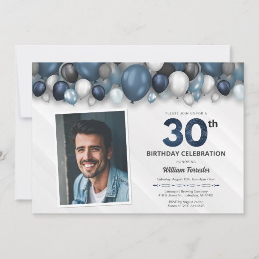 Blauw Zilver Zwart & Wit 30e Verjaardag Foto Kaart (Voorkant)