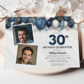 Blauw Zilver Zwart & Wit 30e Verjaardag Foto Kaart