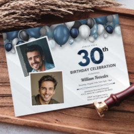 Blauw Zilver Zwart & Wit 30e Verjaardag Foto Kaart