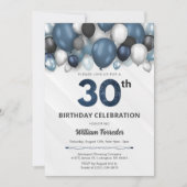 Blauw Zilver Zwart & Wit 30e Verjaardag Uitnodigin Kaart (Voorkant)