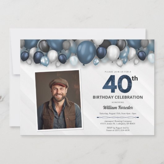 Blauw Zilver Zwart & Wit 40e Verjaardag Foto Kaart (Voorkant)