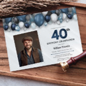 Blauw Zilver Zwart & Wit 40e Verjaardag Foto Kaart