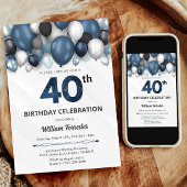 Blauw Zilver Zwart & Wit 40e Verjaardag Uitnodigin Kaart