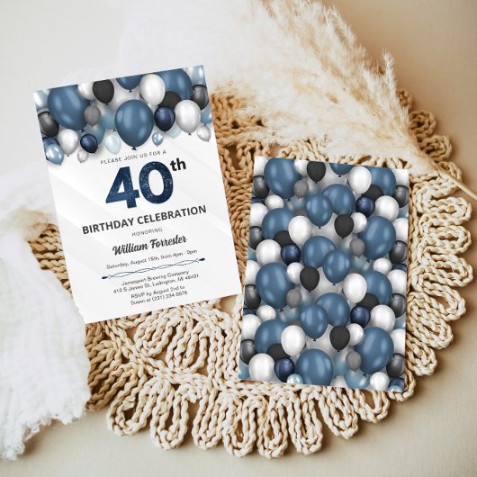 Blauw Zilver Zwart & Wit 40e Verjaardag Uitnodigin Kaart