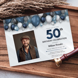 Blauw Zilver Zwart & Wit 50e Verjaardag Foto Kaart