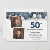 Blauw Zilver Zwart & Wit 50ste Verjaardag 2 Foto Kaart (Voorkant)