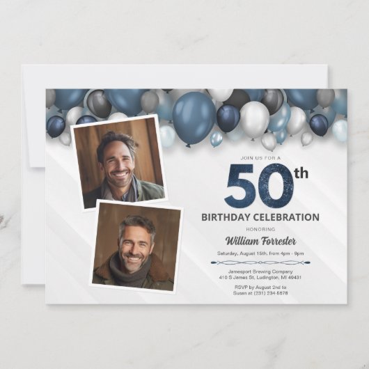 Blauw Zilver Zwart & Wit 50ste Verjaardag 2 Foto Kaart (Voorkant)