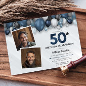 Blauw Zilver Zwart & Wit 50ste Verjaardag 2 Foto Kaart