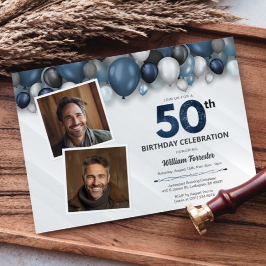 Blauw Zilver Zwart & Wit 50ste Verjaardag 2 Foto Kaart