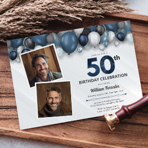 Blauw Zilver Zwart & Wit 50ste Verjaardag 2 Foto Kaart