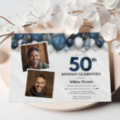 Blauw Zilver Zwart & Wit 50ste Verjaardag 2 Foto Kaart