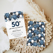 Blauw Zilver Zwart & Wit 50ste Verjaardag Uitnodig Kaart