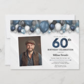 Blauw Zilver Zwart & Wit 60e Verjaardag Foto Kaart (Voorkant)