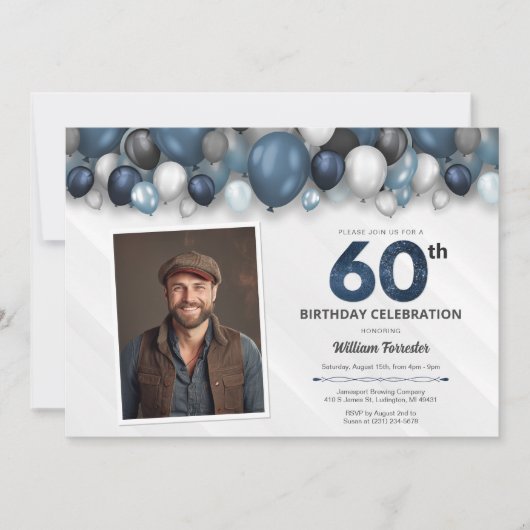 Blauw Zilver Zwart & Wit 60e Verjaardag Foto Kaart (Voorkant)