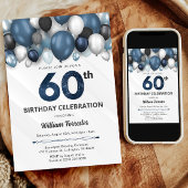 Blauw Zilver Zwart & Wit 60e Verjaardag Uitnodigin Kaart