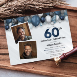 Blauw Zilver Zwart & Wit 60ste Verjaardag 2 Foto Kaart