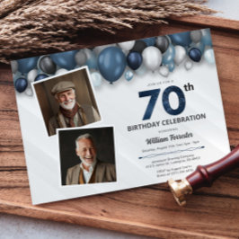 Blauw Zilver Zwart & Wit 70e Verjaardag 2 Foto Kaart