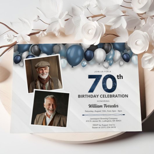 Blauw Zilver Zwart & Wit 70e Verjaardag 2 Foto Kaart