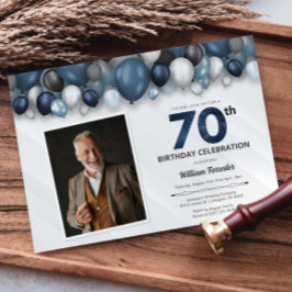 Blauw Zilver Zwart & Wit 70e Verjaardag Foto Kaart