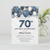 Blauw Zilver Zwart & Wit 70e Verjaardag Uitnodigin Kaart (Staand voorkant)