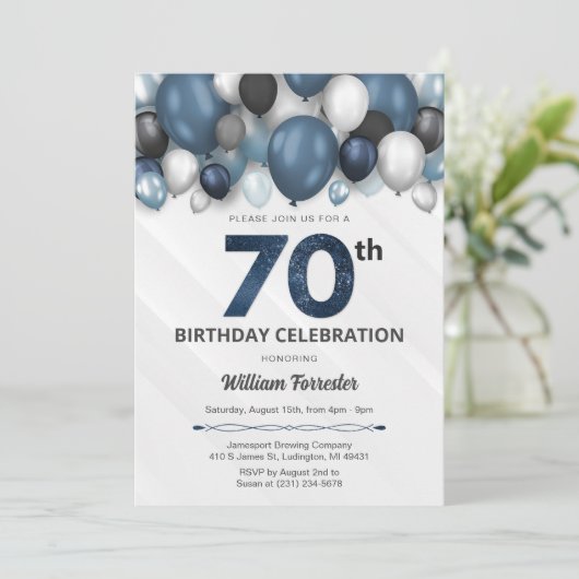 Blauw Zilver Zwart & Wit 70e Verjaardag Uitnodigin Kaart (Staand voorkant)