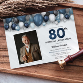 Blauw Zilver Zwart & Wit 80e Verjaardag Foto Kaart