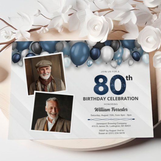 Blauw Zilver Zwart & Wit 80ste Verjaardag 2 Foto Kaart