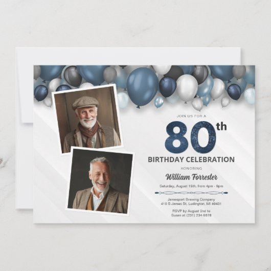 Blauw Zilver Zwart & Wit 80ste Verjaardag 2 Foto Kaart (Voorkant)