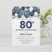 Blauw Zilver Zwart & Wit 80ste Verjaardag Uitnodig Kaart (Staand voorkant)