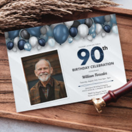 Blauw Zilver Zwart & Wit 90e Verjaardag Foto Kaart