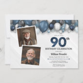Blauw Zilver Zwart & Wit 90ste Verjaardag 2 Foto Kaart (Voorkant)