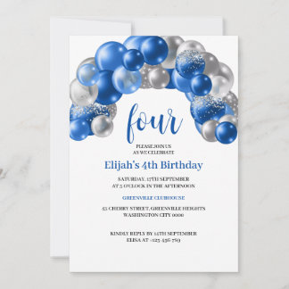 Blauw Zilveren 4e Verjaardags Uitnodiging Ballon F