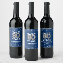 Blauw Zilveren 80e Verjaardag Wijnlabel