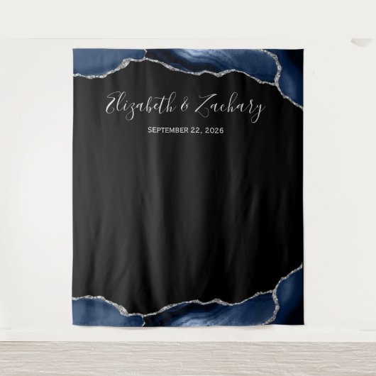 Blauw Zilveren Agaatlijst Donkere Bruiloftsfotocab Wandkleed (Voorkant)