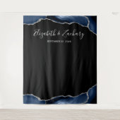 Blauw Zilveren Agate Frame Donkere Bruiloftsfotoca Wandkleed (Voorkant)