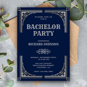 Blauw Zilveren Art Deco Bachelorfeest Kaart