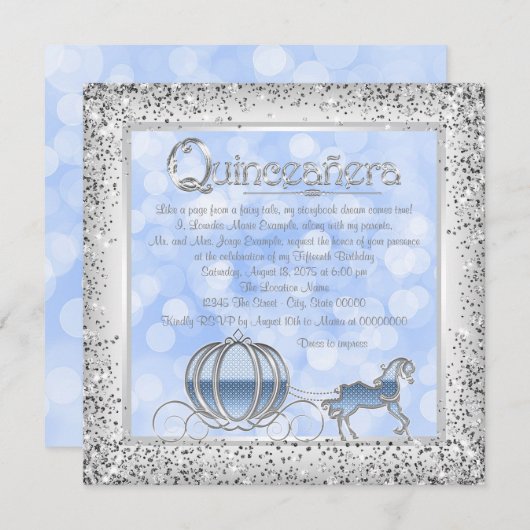 Blauw Zilveren Assepoester Prinses Quinceanera Kaart (Voorkant / Achterkant)