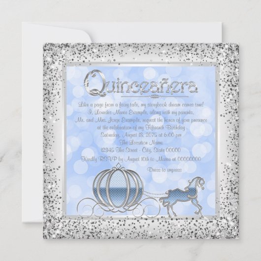 Blauw Zilveren Assepoester Prinses Quinceanera Kaart (Voorkant)