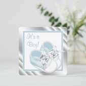 Blauw Zilveren Baby Boy Douche Kaart (Staand voorkant)