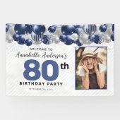 Blauw Zilveren Ballon Foto 80e verjaardag Welkom Spandoek (Horizontaal)