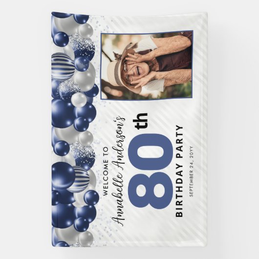 Blauw Zilveren Ballon Foto 80e verjaardag Welkom Spandoek (Verticaal)
