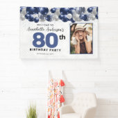 Blauw Zilveren Ballon Foto 80e verjaardag Welkom Spandoek (Insitu)