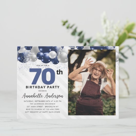 Blauw Zilveren Ballon Glitter Foto 70e Verjaardag Kaart (Staand voorkant)