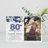 Blauw Zilveren Ballon Glitter Foto 80e Verjaardag Kaart (Staand voorkant)
